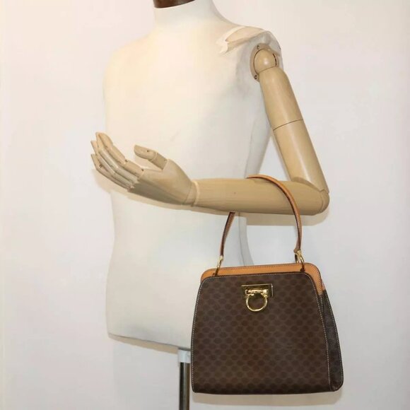 CELINE Macadam Canvas Hand Bag PVC Leather Brown AutH - Picture 3 of 15
